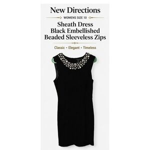 New Directions Womens Size 10 Black Sheath Dress Beaded Pearl Accent Sleeveless